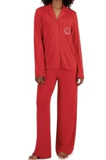 JENNI S Supersoft Long Sleeves Notched-Collar Top & Pants Pajamas Set Smiley Red