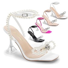 High Heel Sandals Rhinestone Square Toe Clear Crystal for Women Party Wedding