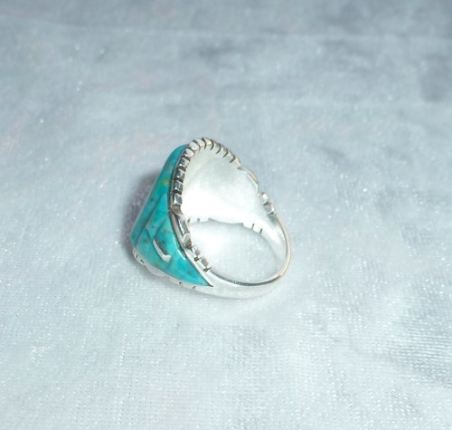 STUNNING ZUNI STYLE GENUINE TURQUOISE HANDCRAFTED INLAY 925 STERLING RING SZ 8 - Picture 5 of 6