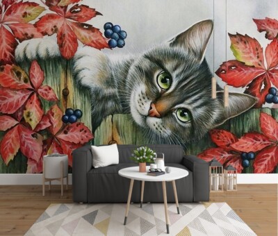 3D Leaf Cat ZHUA6940 Wallpaper Wall Murals Removable Self-adhesive Ann 24