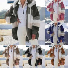 Women Jacket Warm Patchwork Warm Plush Zipper Pocket Hooded Loose Coat