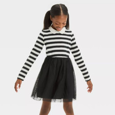 Cat  Jack Kids Girls Long Sleeve Black/Cream Halloween Striped Tulle Dress NEW