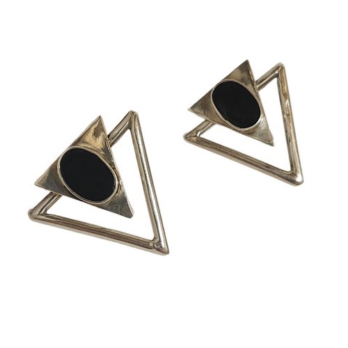 Taxco Mexico 925 Black Onyx Modernist Geometric Earrings Signed 17g - Picture 1 of 10