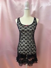 2000s Y2K Lace Nightie Babydoll Slip Dress Pink Bow Ruffle Hem Sheer Coquette