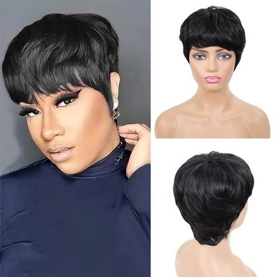 Pixie Cut Wigs for Black Women Human Hair Short Layered Straight Wigs With Bangs