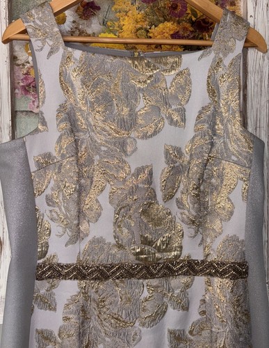 Teri Jon by Rickie Freeman Metallic Floral Jacquard Dress NWOT Gold Classy Sz 14 - Picture 4 of 14
