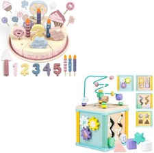 Wooden Birthday Party Cake Play Food Sets and Wooden Activity Cube Toddler Mo...