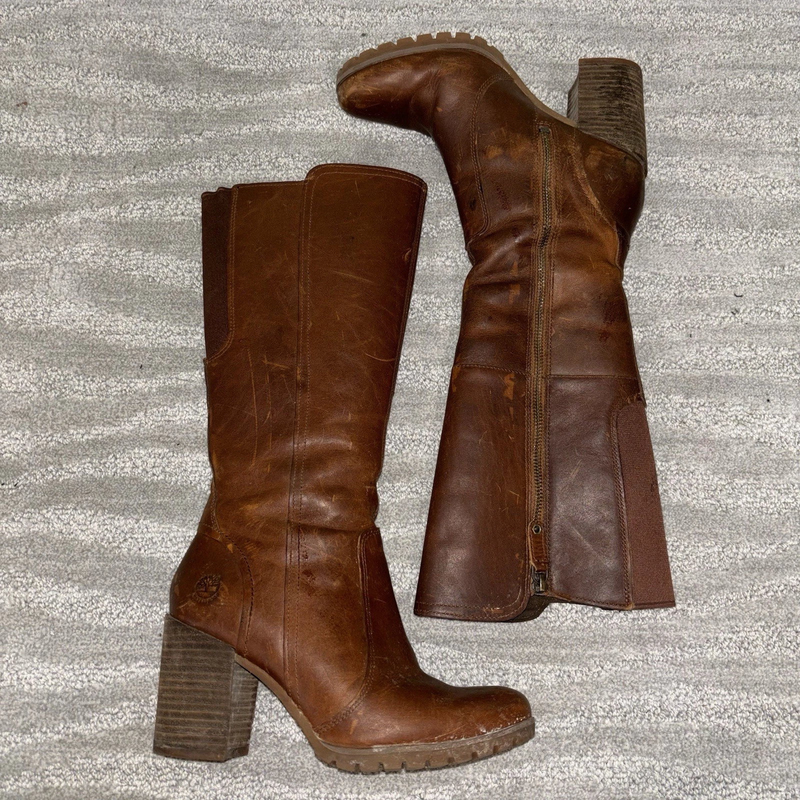 Timberland stivali donna Swazey in pelle marrone con tacco al ginocchio taglia 6 5