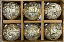 Tinsel & Fir Gold White Wash Hobnail Glass Christmas Ornaments 3” Set 6