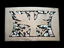 NE17154 VINTAGE 1970s  EAGLE  ABALONE SHELL SOUTHWESTERN DESIGN BELT BUCKLE
