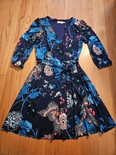 Eliza J Navy Blue Pink Floral Hummingbird Stretch Wrap Belted Swing Dress Sz 12