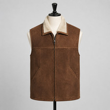 Men's Real Suede Leather Vest Shearling Lined Full Zip Rancher Western Gilet