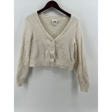 Aerie Fuzzy Knit Cropped Cardigan Cream Button Down Long Sleeve Women M