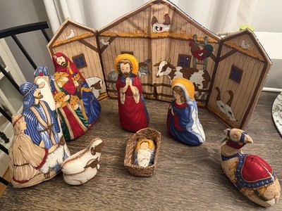 VTG Fabric Christmas Nativity Set Stuffed Manger Scene