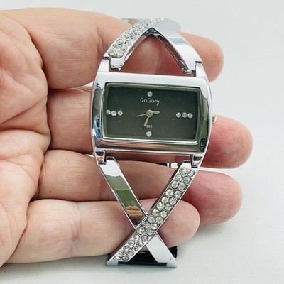 GOGOEY Ladies Watch Black Leather Band Silver Crystal Accent Rectangle Dial