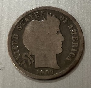 1907-O Barber Dime United States 90% Silver Good Condition 1892-1916