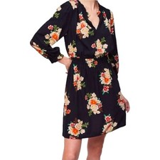 LOFT Floral Print Mini Dress Women's Size XS Black Smocked Waist Long Sleeve