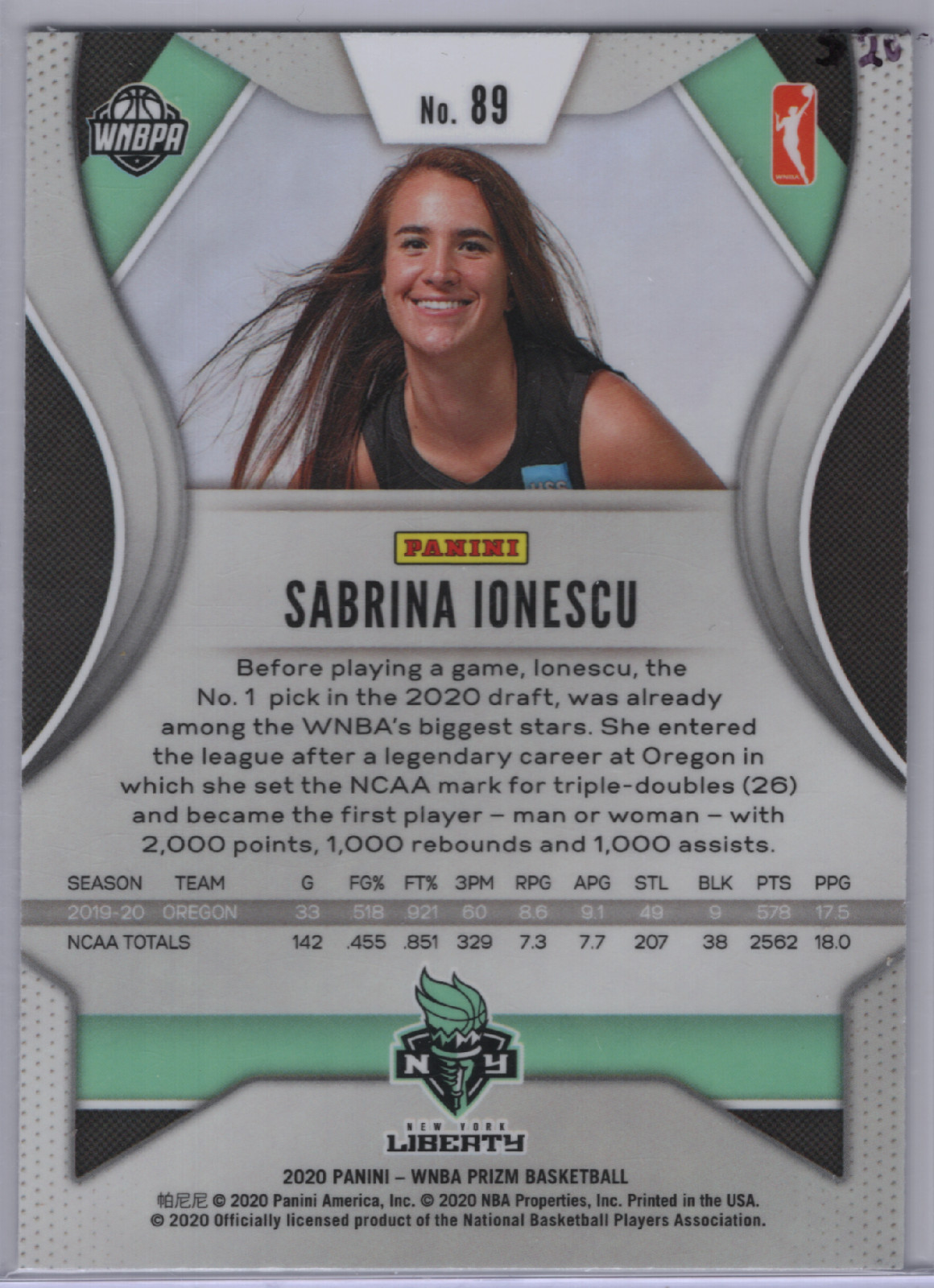 2020 Panini WNBA Prizm Sabrina Ionescu Basketball Rookie Card #89 view 2