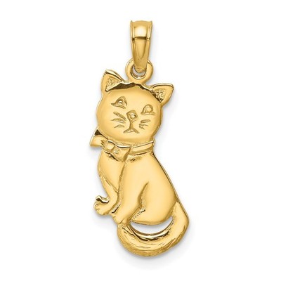 10K Gelbgold 3-D poliert sitzende Katze mit Schleife Charm Anhänger 1,16gm L-24mm