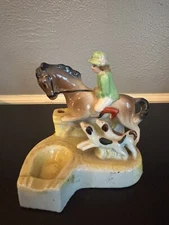 Unique Vintage Ashtray 3 cigarette holders, horse and rider, dogs, 1940's Japan