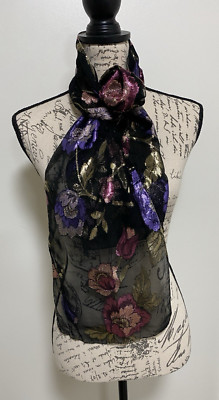 Elwin Accessories Scarf Womens Pink Black Sheer Metallic Floral Made In Japan
