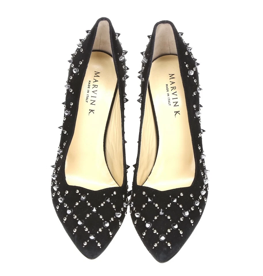 Zapatos de salón Marvin K para mujer negros plateados de gamuza con tachuelas punta puntiaguda talla 9,5 Foto 3 de 4