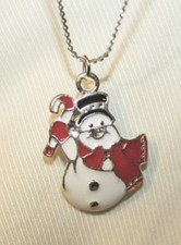 CUTE Red  White Enameled Snowman Figural Christmas Winter Pendant Necklace  