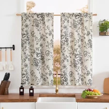 2 Panels Linen Kitchen Curtains Floral Tier Curtains Farmhouse Botanic Drapes