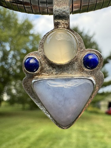 Jewerly Italy .925 SS Omega Necklace 16” Blue Chalcedony Cat Eye Moonstone Rare - Picture 3 of 22