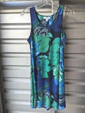 Nine West Dress A Line Floral Garden Green Blue Coastal  Resort Stretch Small
