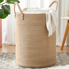 80L Extra Large Jute Woven Rope Laundry Basket Tall Wicker Clothes Hamper for Ba