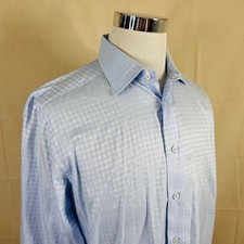David Donahue Mens 16 34/35 Blue Micro Plaid Dress Shirt Cotton Regular Fit