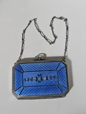 Art Deco Enamel Gulloiche Blue Floral Compact Purse EAM Elgin Silvertone