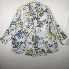 oie Women’s 2X Linen Button Down Blouse NWT Floral Print Tab Sleeve