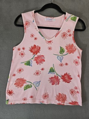 Vintage 90s Fresh Produce Womens Tank Top Shirt Medium Pink Daisy Floral Vneck 