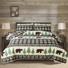 Cabin Bear Quilts Set Full/Queen Size, Lightweight Plaid Bedspread Coverlet R...
