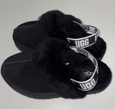 UGG Funkette Black Suede Platform Slingback Slippers for Kids.