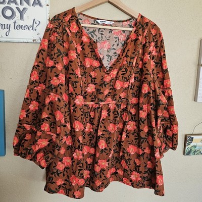 Sonoma 3x Babyboll Blouse Floral brown corduroy coral colors Bohemian Lagenlook