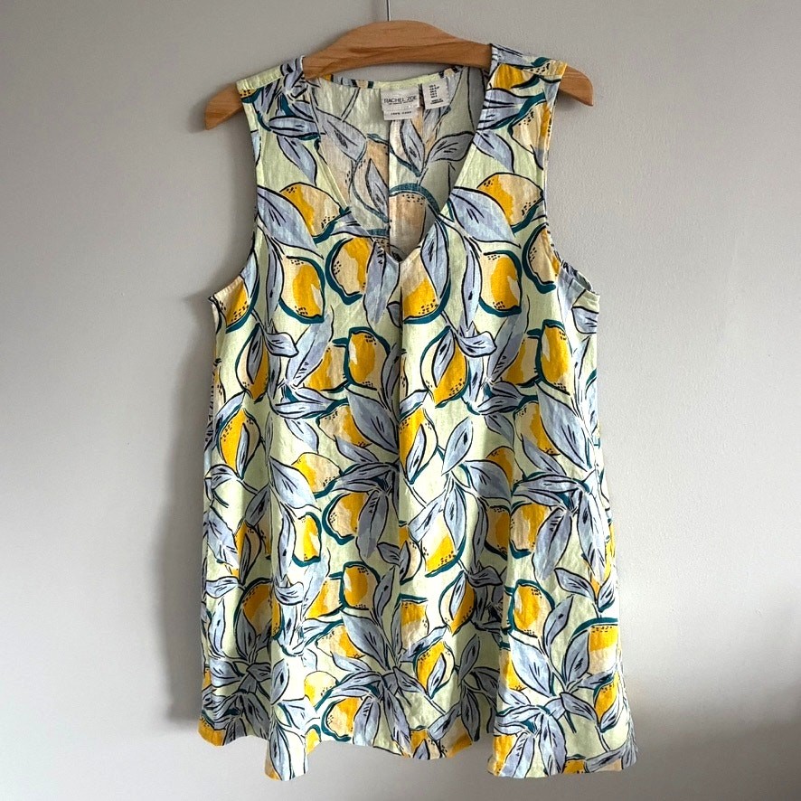 Rachel Zoe Linen Lemon Print Dress Sleeveless Shift Pockets Size S Summer  Resort