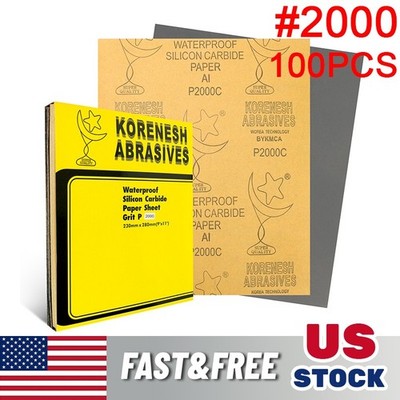 100Pc 9x11 Wet & Dry Sandpaper Sheet Silicon Carbide 2000 Grit Automotive Metal