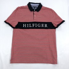 Tommy Hilfiger Men's XL Custom Fit Polo Shirt Red White Stripe HILFIGER Logo