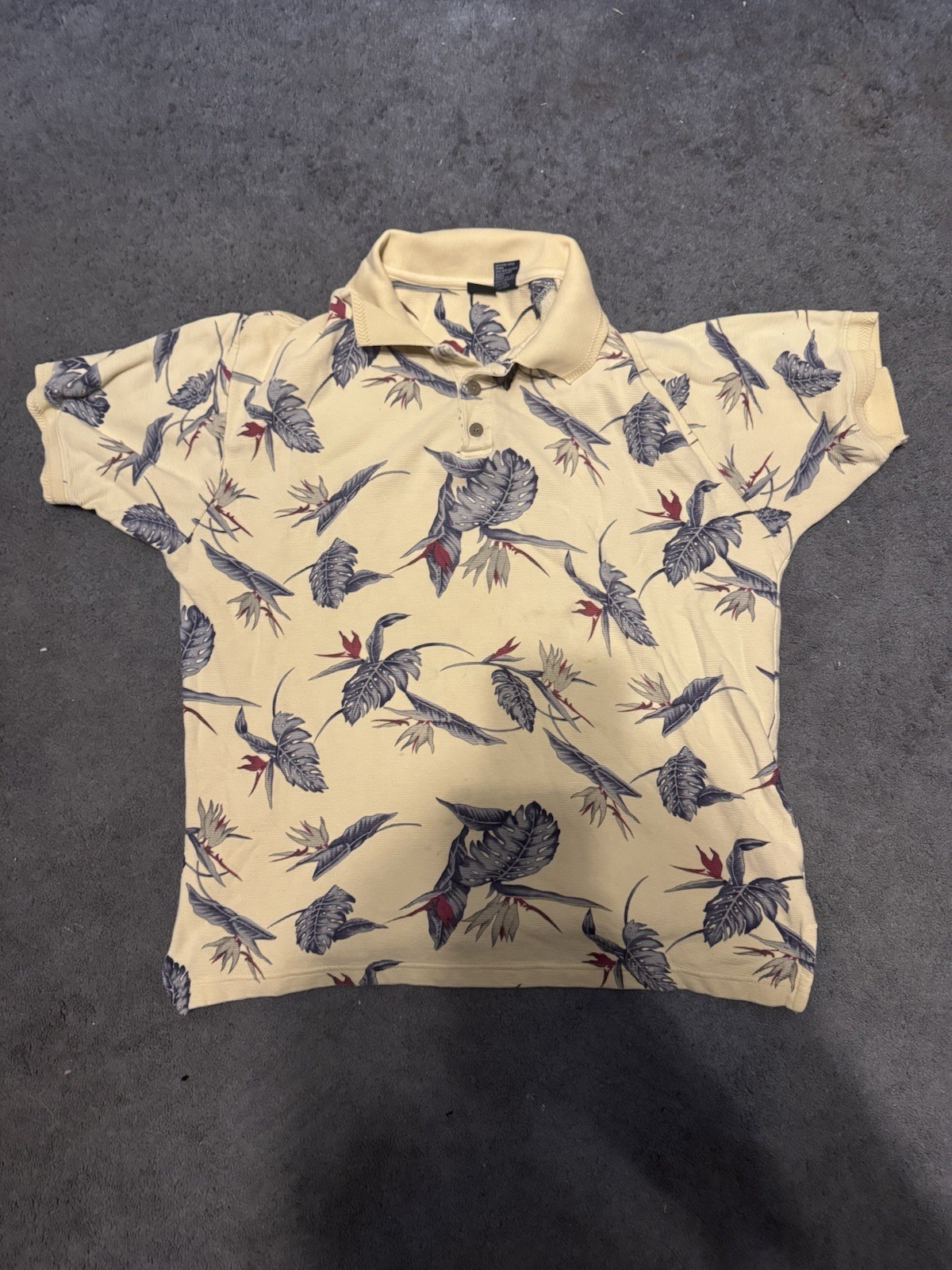 Cherokee Tropical Leaf Print Polo Shirt Mens Medium Short Sleeve Beige
