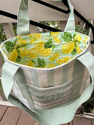 Trader Joe's Mini Canvas Lunch Tote Bag Striped Lemon Theme Reusable Green