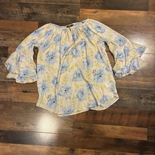 Chaps Blouse Womens Medium 3/4 Sleeve Bell Sleeve White Floral Flowy Yellow Blue