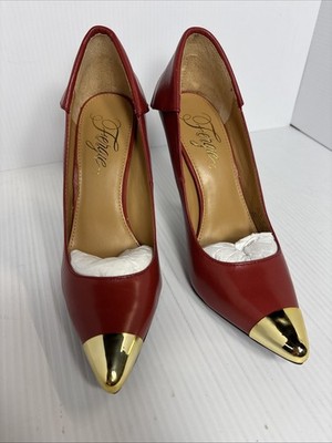 Fergie Leather Excellent Condition Red Podium Pump Gold Toe Stiletto Heels  8.5