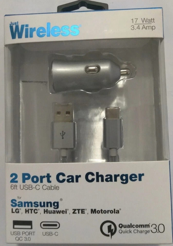 Cargador de coche Just Wireless de 2 puertos y cable USB - C de 6 pies cable USB-C de carga rápida 3.0 Foto 3 de 3
