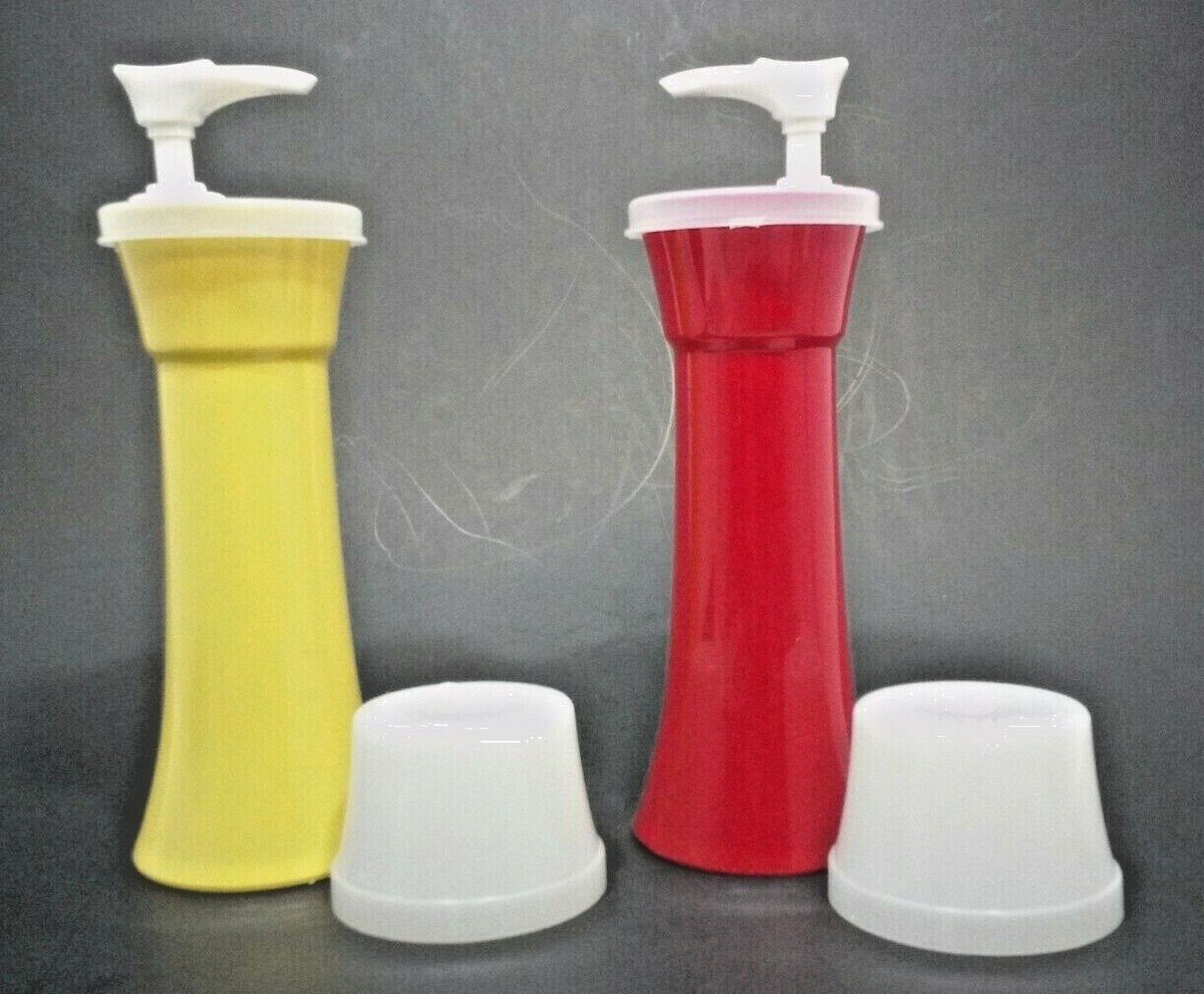 TUPPERWARE #718 Ketchup and Mustard Dispenser with Lids TUPPERWARE #718 Ketchup and Mustard Dispenser with Lids