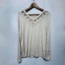 Sugarfox Womens M Cream Boho Lace Trim V-Neck Cottagecore Ribbed Sweater Blouse