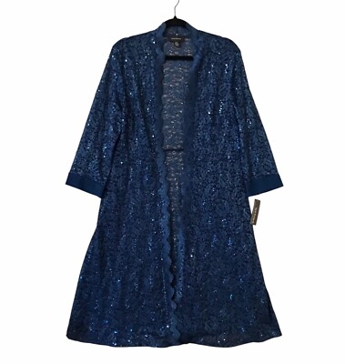 R&M Collection Sequin Lace Duster Jacket NWT Blue Floral Open Elegant Sz 12