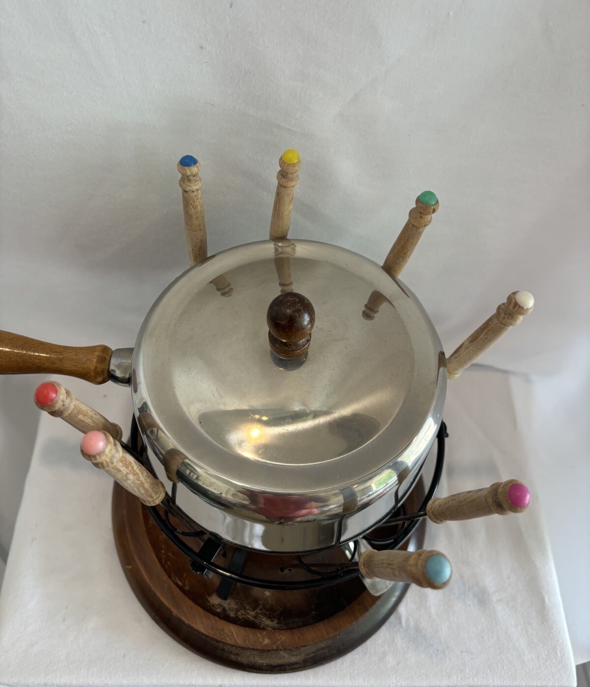 Vintage MCM Fondue Set With Wood Base And Handle With 8 Fondue Forks